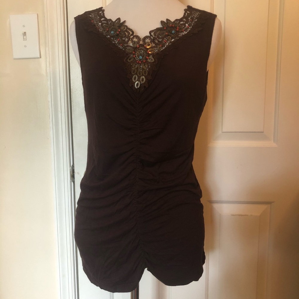 Mishca Brown Rouched Beaded Tank (M)